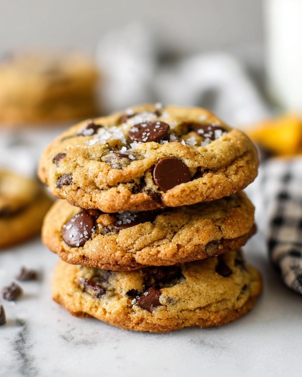 A close-up view of three stacked chocolate chip cookies placed directly on a white marbled surface. Each cookie is thick with a golden-brown color, showing a slightly crisp and crumbly texture. The first layer on the bottom has plenty of visible dark chocolate chips embedded throughout, with a somewhat rough and chunky surface. The middle cookie has a similar look but appears slightly softer with more spread out chocolate chips and a few lighter dough areas. The top cookie shows a few coarse grains of sugar sprinkled on it, highlighting a slightly cracked surface with a warm, golden tone and generously scattered dark chocolate chips. The background is softly blurred with hints of a checkered cloth and other cookies, all set against a white marbled texture. Photo taken with an iphone --ar 4:5 --v 7