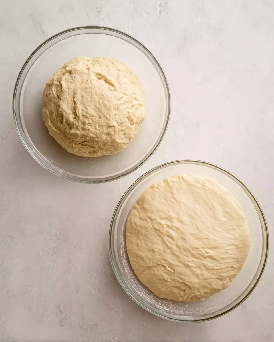 The image shows two clear glass bowls on a white marbled surface. The bowl on the left has a rough, round dough ball with a beige color and a slightly uneven texture. The bowl on the right contains the same dough after rising, filling more space with a smooth, airy texture and a pale cream color, covering most of the bowl’s surface. photo taken with an iphone --ar 4:5 --v 7