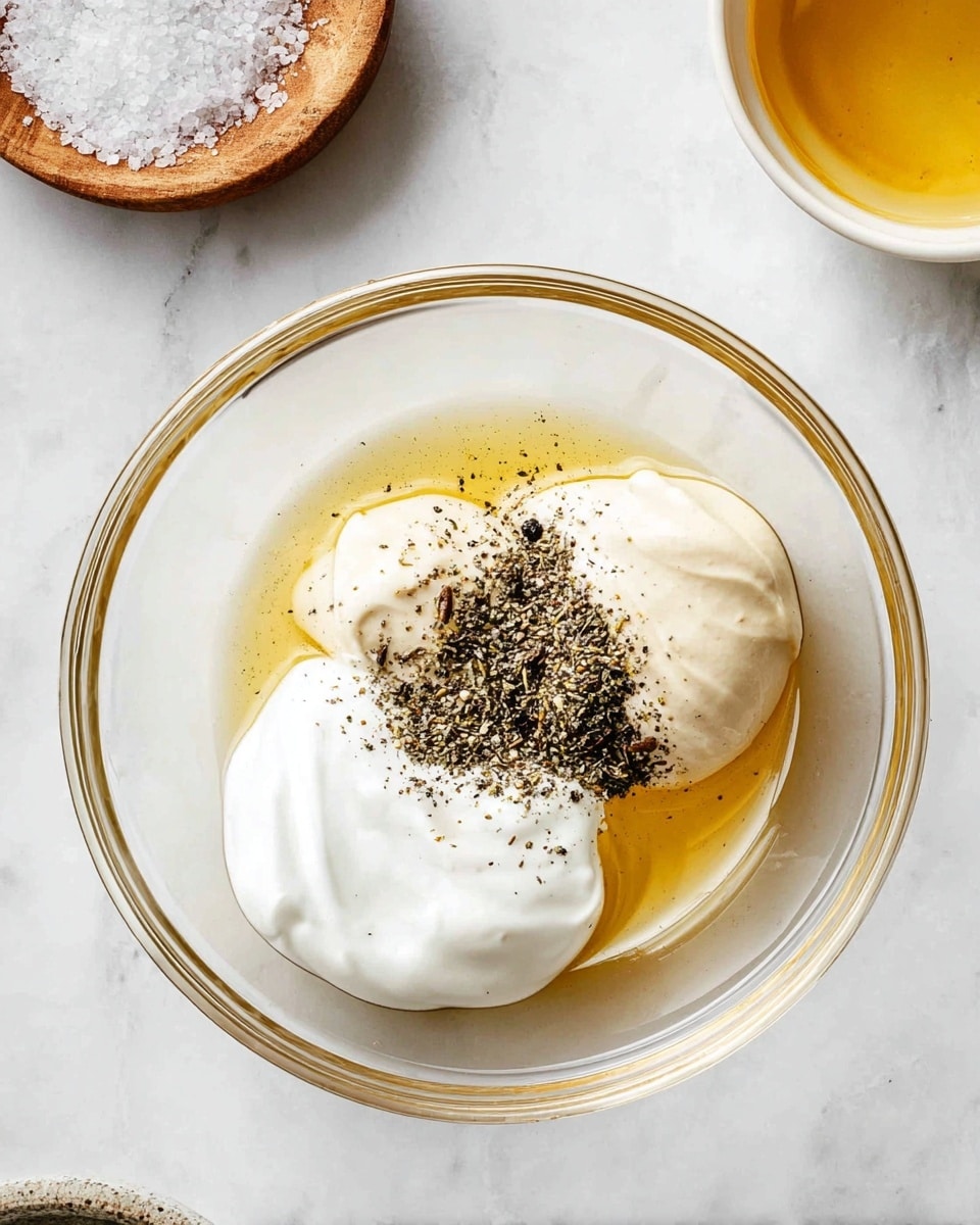 A clear glass bowl sits on a white marbled surface filled with three main layers: a light golden liquid covering the bottom, a dollop of pale beige creamy substance on the left, and a dollop of thick white cream on the bottom right; in the center, freshly ground black pepper is sprinkled on top, adding texture and contrast. In the top left corner, part of a small round wooden bowl filled with coarse salt and more ground black pepper is visible, while in the top right corner, a small part of a white dish with golden liquid can be seen. The lighting is bright and natural, highlighting the smooth and slightly glossy textures of the creams. Photo taken with an iphone --ar 4:5 --v 7