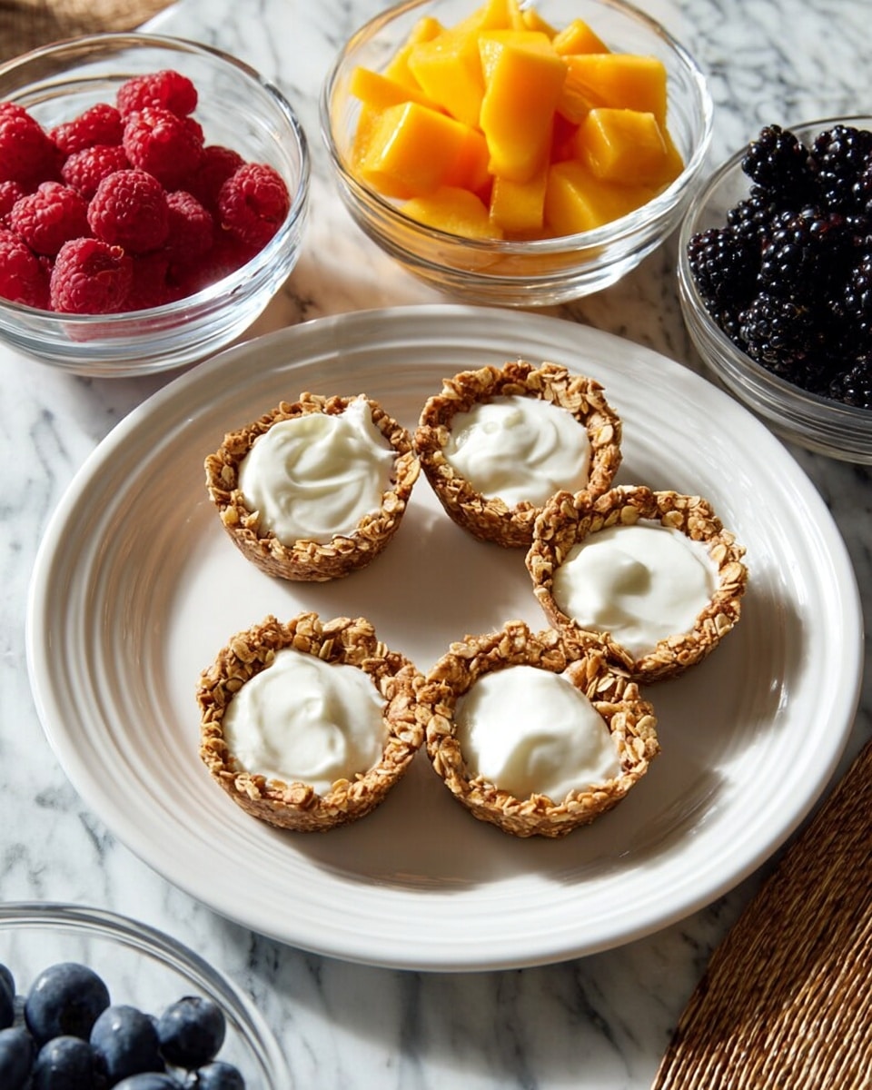 A large white plate holds five small tartlets made from golden granola, each with a smooth, creamy white filling that fills the center. The tartlets are placed evenly on the plate. Around the plate, there are small clear glass bowls filled with fresh colorful fruits: bright orange mango slices, deep red raspberries, dark blue blueberries, and black blackberries. The surface underneath the plate is a white marbled texture. Photo taken with an iphone --ar 4:5 --v 7