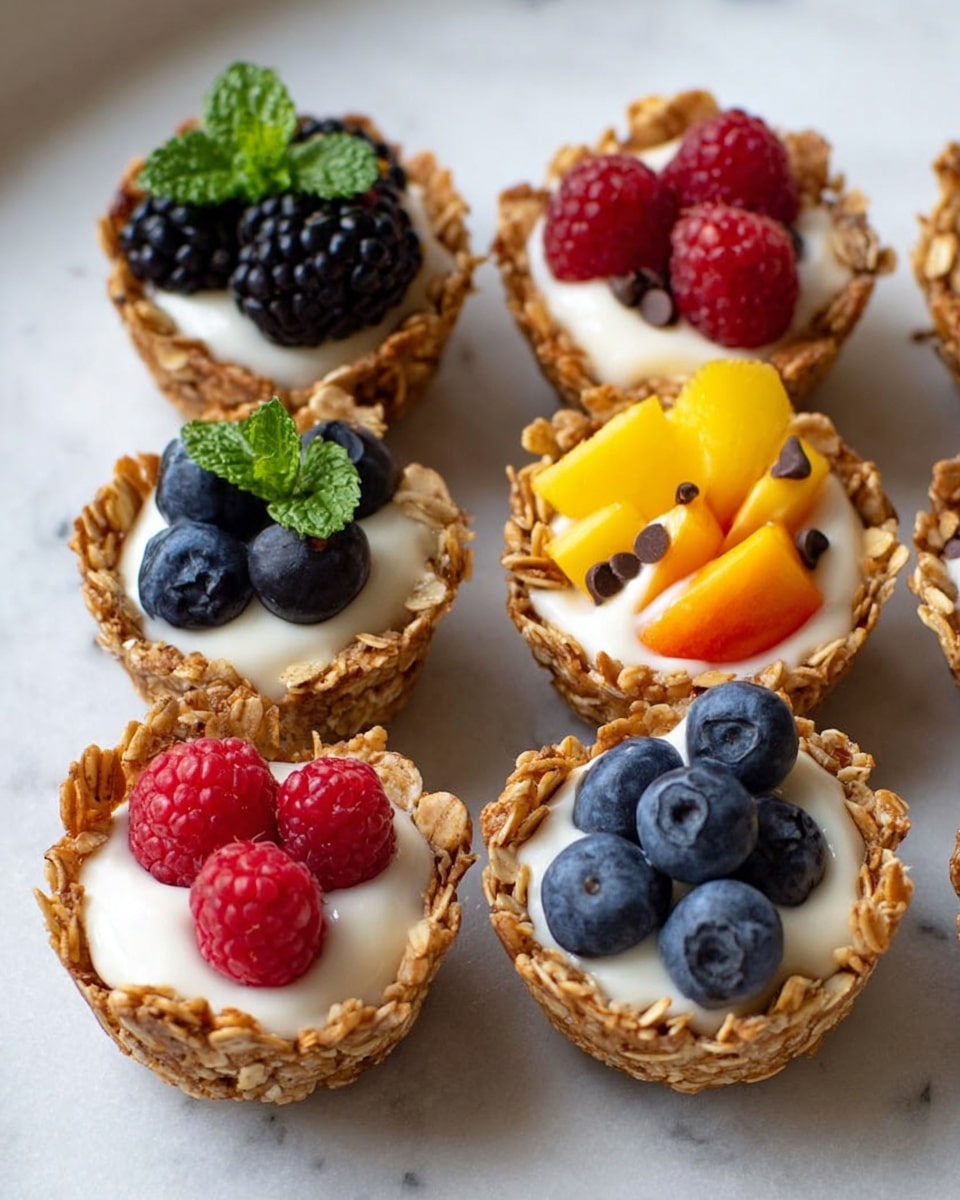 The image shows six small granola cups placed neatly on a white marbled surface, each filled with a creamy white layer. On top of the cream, the cups feature different fresh fruits: two have blackberries with green mint leaves, one has blueberries with a mint leaf, one has a raspberry and yellow mango slices, another has a raspberry with tiny chocolate chips, and one has blueberries and raspberries. The granola cups have a rough textured edge from the oats. The overall colors are natural and bright, with the deep black, red, blue, and yellow fruits contrasting against the white cream and the golden-brown granola. Photo taken with an iphone --ar 4:5 --v 7