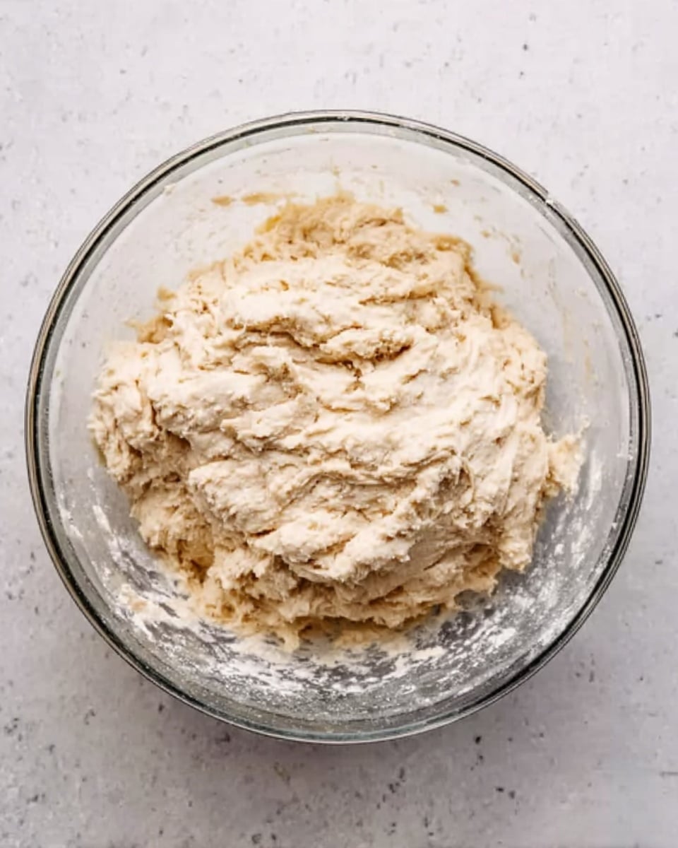 A clear glass bowl sits on a white marbled surface, filled with a thick, light beige dough that appears soft and sticky, with small uneven bubbles showing throughout. The dough is piled unevenly in the bowl, with textured ridges and folds visible on the surface. Around the dough, the inside of the transparent bowl shows some clinging bits, indicating a thick consistency. The scene is simple and clean, focusing on the dough inside the bowl. photo taken with an iphone --ar 4:5 --v 7