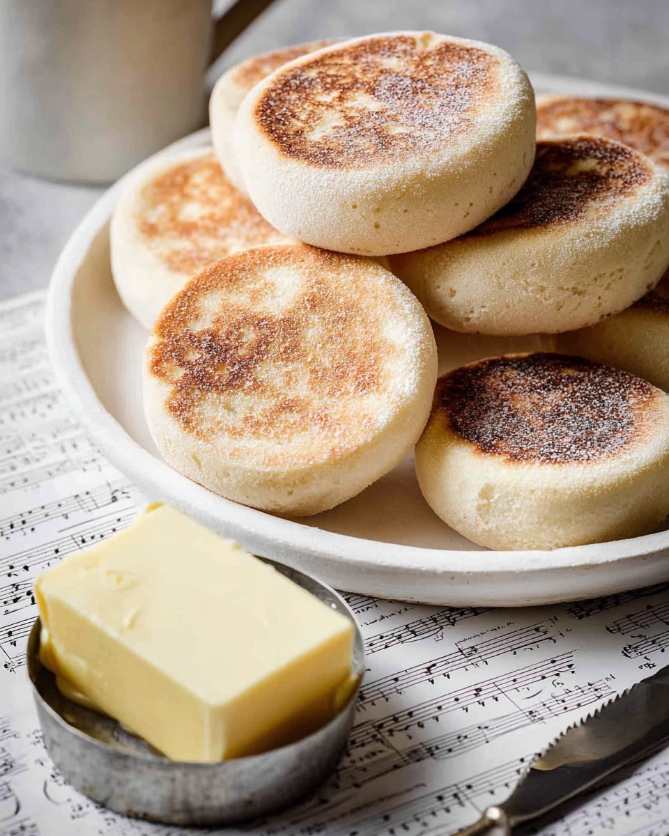 The image shows a white plate with seven round English muffins stacked and spread out. Each muffin has a light golden brown top with a powdery white texture and a soft beige side, showing a fluffy, airy texture. In front of the plate, there is a metal cup with a pale yellow block of butter, placed on a white marbled surface with sheets of music paper underneath. A shiny butter knife lies next to the metal cup. The photo is taken with an iphone --ar 4:5 --v 7