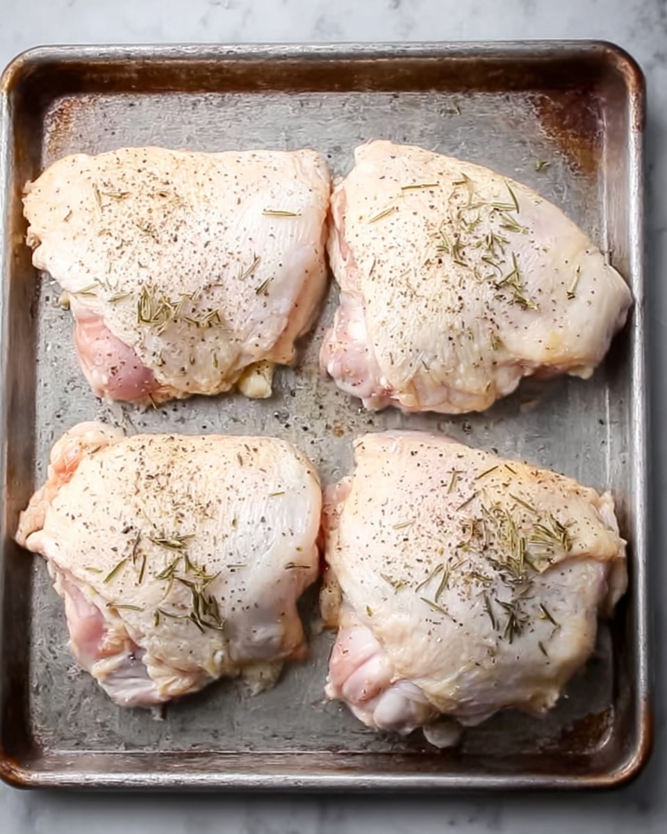 The image shows four raw chicken thighs placed side by side on a metal tray. Each piece is topped with a light sprinkle of black pepper and dried herbs, with the chicken skin slightly bumpy and pale cream colored with touches of pink near the edges. The metal tray has signs of use with slight discoloration. The surface underneath the tray is a white marbled texture. photo taken with an iphone --ar 4:5 --v 7