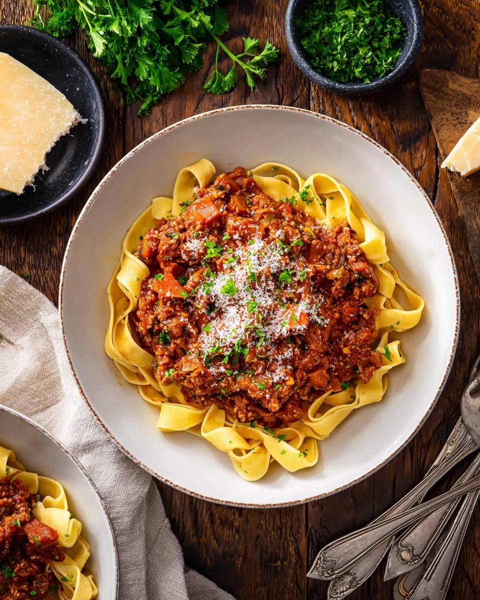 A white bowl filled with three layers: the bottom layer is a bed of pale yellow tagliatelle pasta with a smooth, slightly curled texture spread evenly; the middle layer is a thick, reddish-brown meat sauce with visible chunks of meat and tomato pieces, sitting atop the pasta; the top layer is a sprinkle of finely grated white Parmesan cheese and small green parsley bits, adding a fresh contrast. The bowl is placed on a dark wooden surface, surrounded by a small black bowl with a wedge of cheese and grated cheese, a bunch of green parsley, and some metal forks resting on a pale cloth. photo taken with an iphone --ar 4:5 --v 7