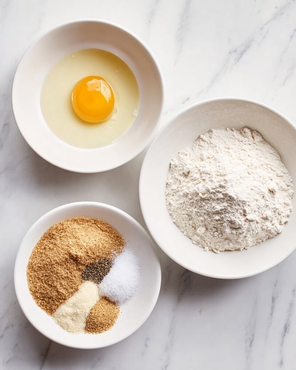 The image shows three white bowls on a white marbled surface. The top left bowl has one raw egg with a bright yellow yolk and clear egg white. The top right bowl is filled with white flour, which is smooth and finely piled. The bottom bowl contains several dry ingredients in separate piles: a large pile of light brown sugar, smaller amounts of white salt, black pepper, light beige flour, and brown sugar granules. No hands are touching the bowls. photo taken with an iphone --ar 4:5 --v 7