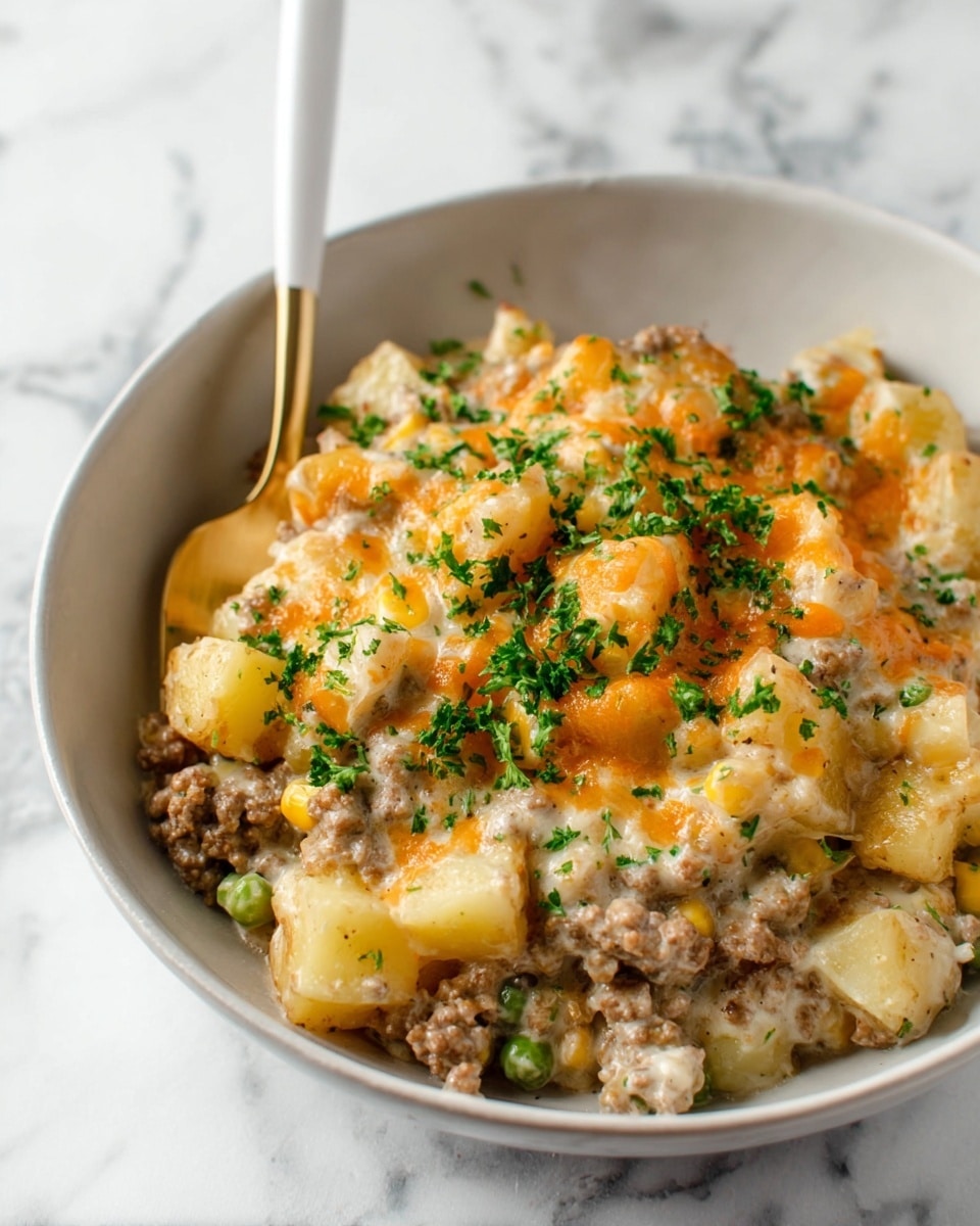 A shallow white bowl holds a creamy mixture of three main layers. The base layer is made of small yellow potato chunks mixed with orange melted cheese pieces scattered throughout, creating a textured contrast. The second layer consists of browned ground meat, nestled between the potatoes and cheese, providing a coarse, savory look. The top layer is a light cream sauce that blends all ingredients, speckled with small bits of green peas, corn, and finely chopped fresh parsley sprinkled lightly across the dish adding fresh green highlights. A gold fork with a white handle rests partially in the bowl on the left side against a white marbled surface. Photo taken with an iphone --ar 4:5 --v 7