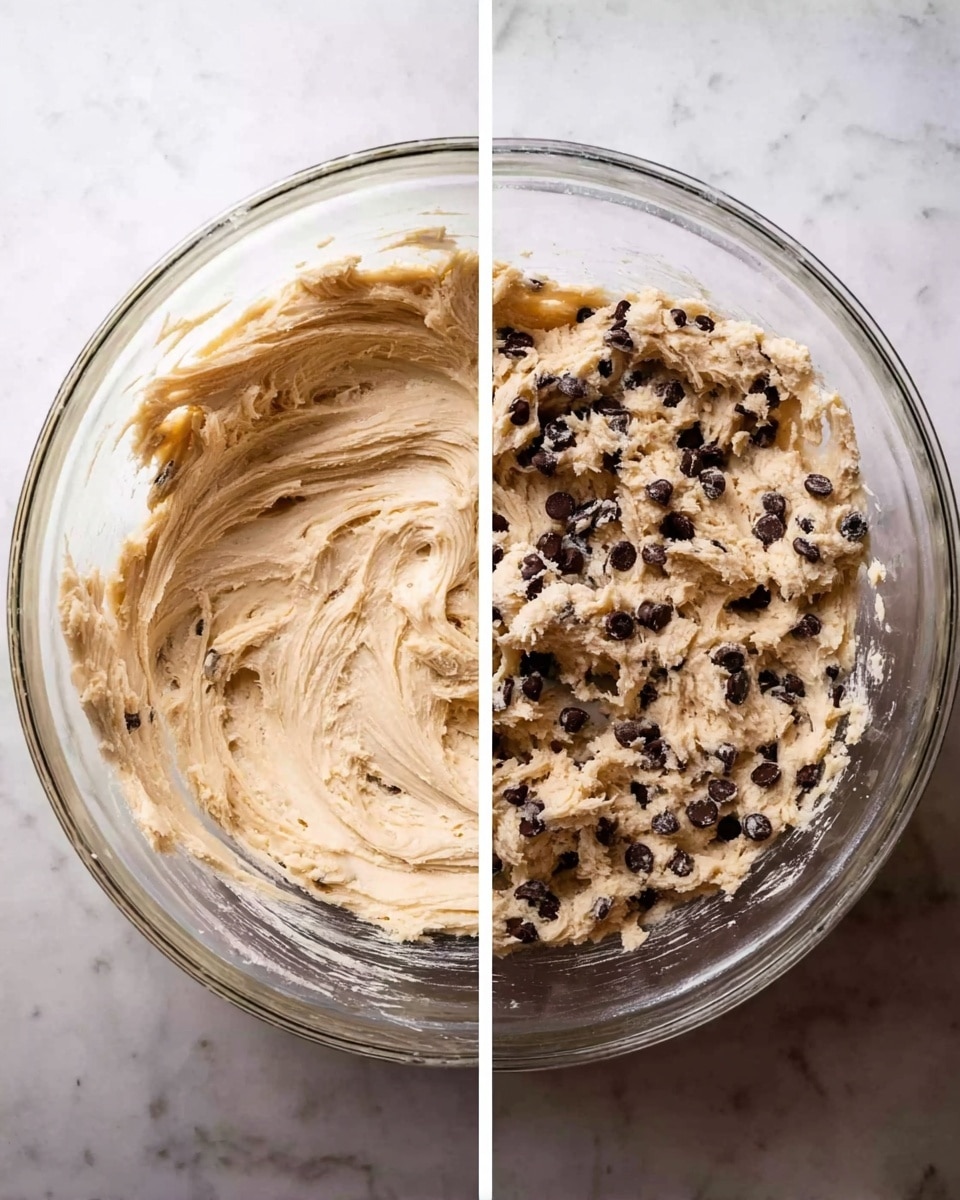 Two images side by side show the process of making cookie dough in a clear glass mixing bowl on a white marbled surface. The left image shows a smooth, creamy light beige dough with a soft texture, spread evenly inside the bowl, with swirled patterns on the surface. The right image shows the same dough after dark brown chocolate chips have been mixed in, creating a bumpy texture filled with many small dark spots, unevenly spread throughout the light beige dough. photo taken with an iphone --ar 4:5 --v 7