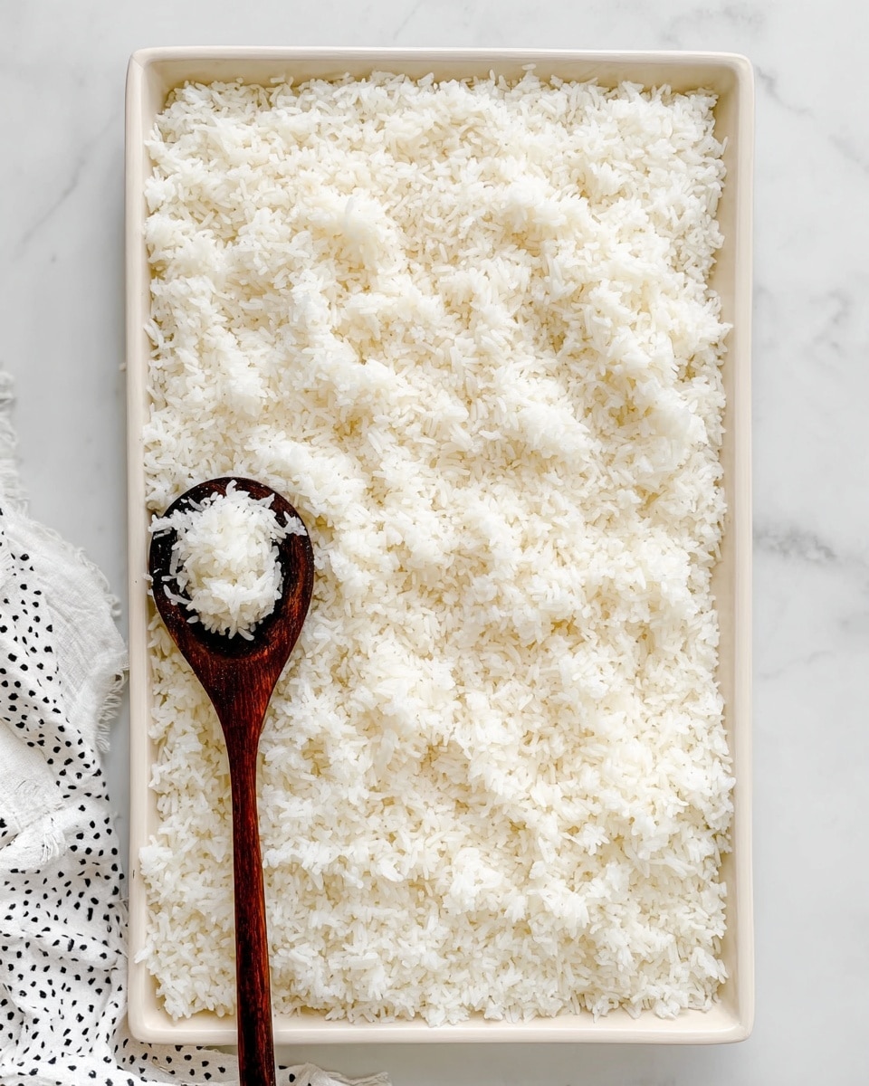 A large white rectangular tray is fully covered with a thick layer of white cooked rice, showing a soft and fluffy texture with individual grains visible. In the lower left corner, a dark wooden spoon rests on the tray, holding a small amount of the same white rice. The tray is placed on a white marbled surface with visible delicate grey veins for contrast. A white cloth with black dots peeks from the bottom left corner. The image has a bright and clean look. photo taken with an iphone --ar 4:5 --v 7