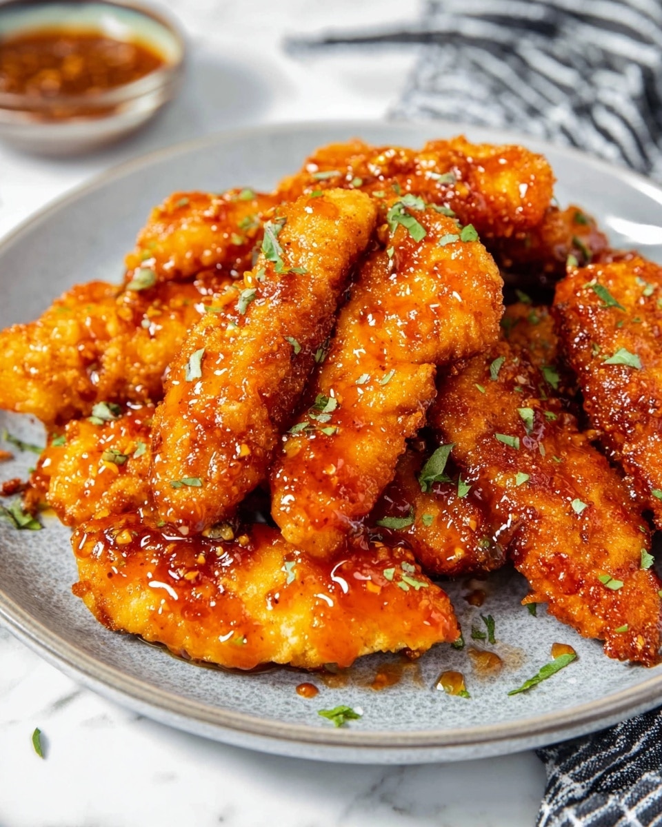 A pile of golden brown chicken strips covered with a shiny, sticky orange sauce sits on a round white plate with a slightly textured silver-gray rim. The chicken pieces look crispy under the sauce and are sprinkled with small bits of fresh green herb. The plate is set on a white marbled surface with a soft focus background that includes a blurred striped cloth and a small bowl of extra sauce at the top left corner. photo taken with an iphone --ar 4:5 --v 7
