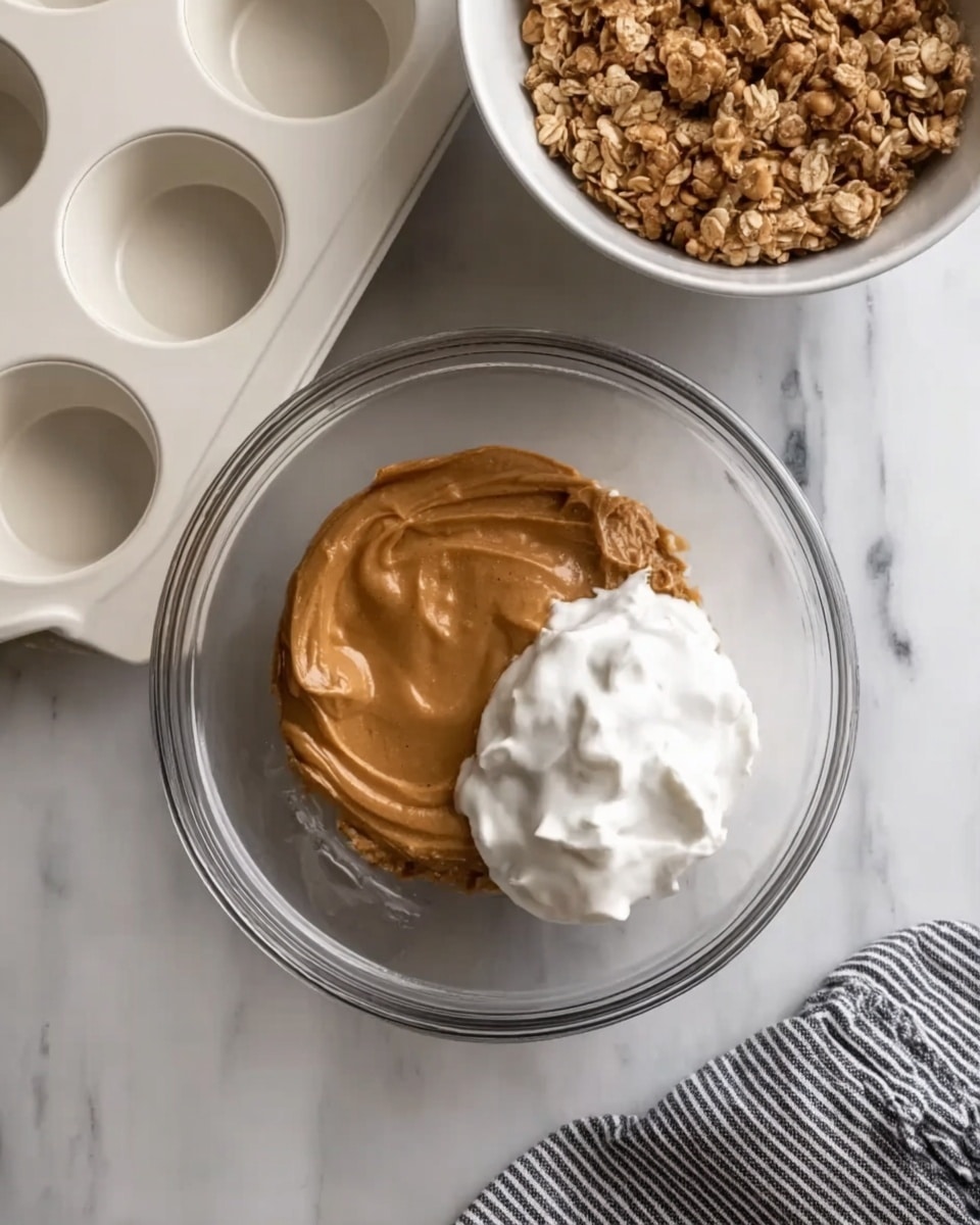 A clear glass bowl sits on a white marbled surface, containing two layers: a larger layer of smooth brown peanut butter on the left and a smaller dollop of white whipped cream on the right, partially mixing at the edge. To the top left of the bowl, there is a white bowl filled with granola clusters. At the bottom left, part of a white muffin tray with empty cups is visible. A striped cloth in black and white is on the bottom right corner. Photo taken with an iphone --ar 4:5 --v 7