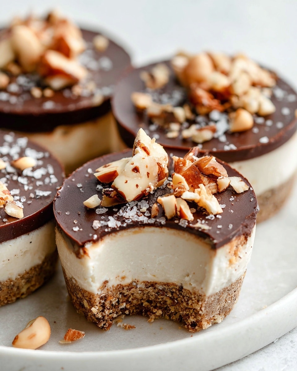 The image shows round layered dessert cups with three visible layers: a crumbly brown nut and cookie base at the bottom, a thick creamy off-white middle layer, and a smooth dark chocolate top layer. The top layer is decorated with small pieces of chopped nuts and sprinkled with coarse salt flakes. One dessert cup is bitten, showing the rough textured nutty base and smooth creamy layer inside. The desserts rest on a white plate with a white marbled surface background. Photo taken with an iphone --ar 4:5 --v 7