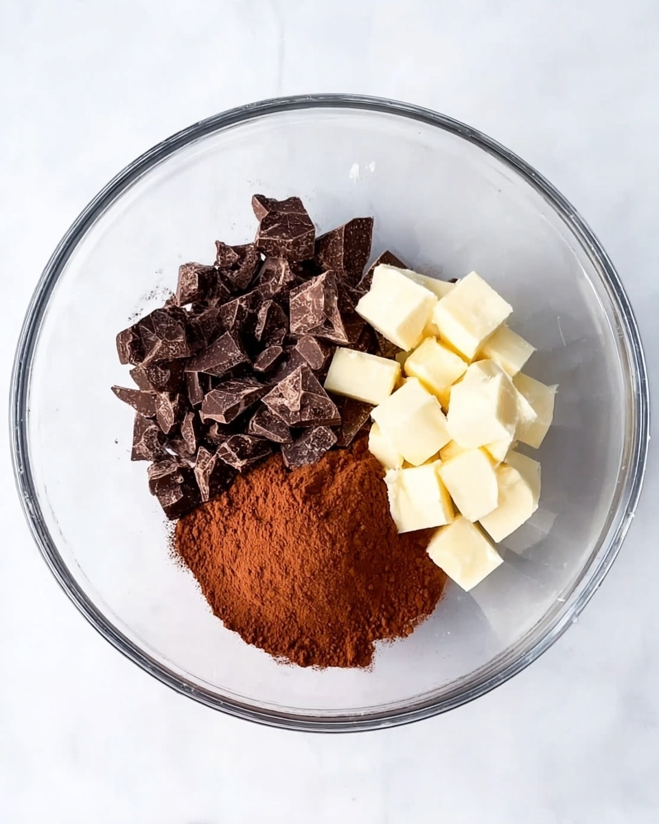 A clear glass bowl sits on a white marbled surface, containing three main ingredients grouped separately. One side holds small dark brown chocolate chunks with a rough texture, next to it are several small cubes of smooth, pale butter, and below both is a pile of fine, reddish-brown cocoa powder. The ingredients form three distinct layers, each with different textures and colors in the bowl. photo taken with an iphone --ar 4:5 --v 7