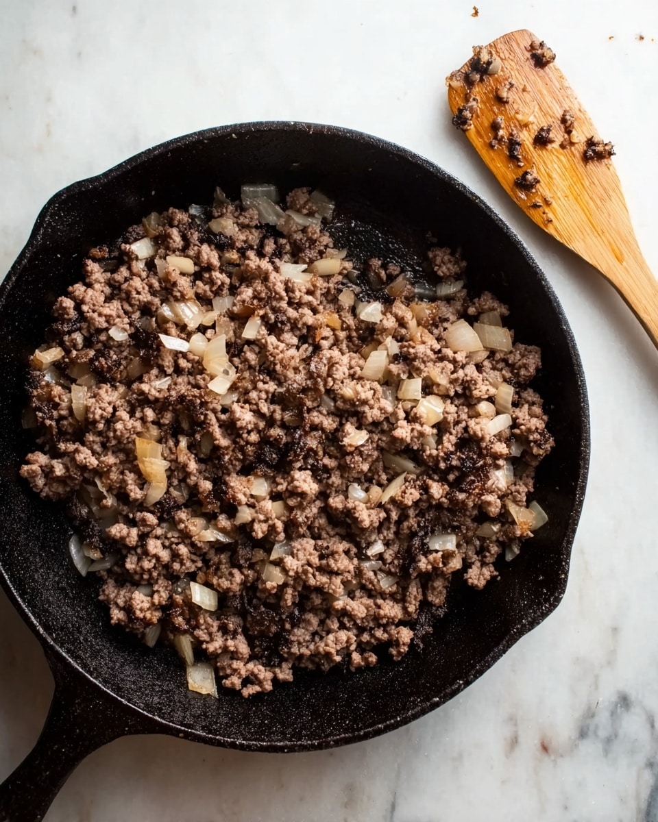 The image shows a black cast iron pan filled with cooked ground meat mixed with small pieces of light brown onion. The meat is mostly dark brown with some lighter brown parts, and the onions are soft and translucent. To the right side of the pan, there is a wooden spatula with small bits of cooked onion stuck on it. The pan is placed on a white marbled surface. photo taken with an iphone --ar 4:5 --v 7