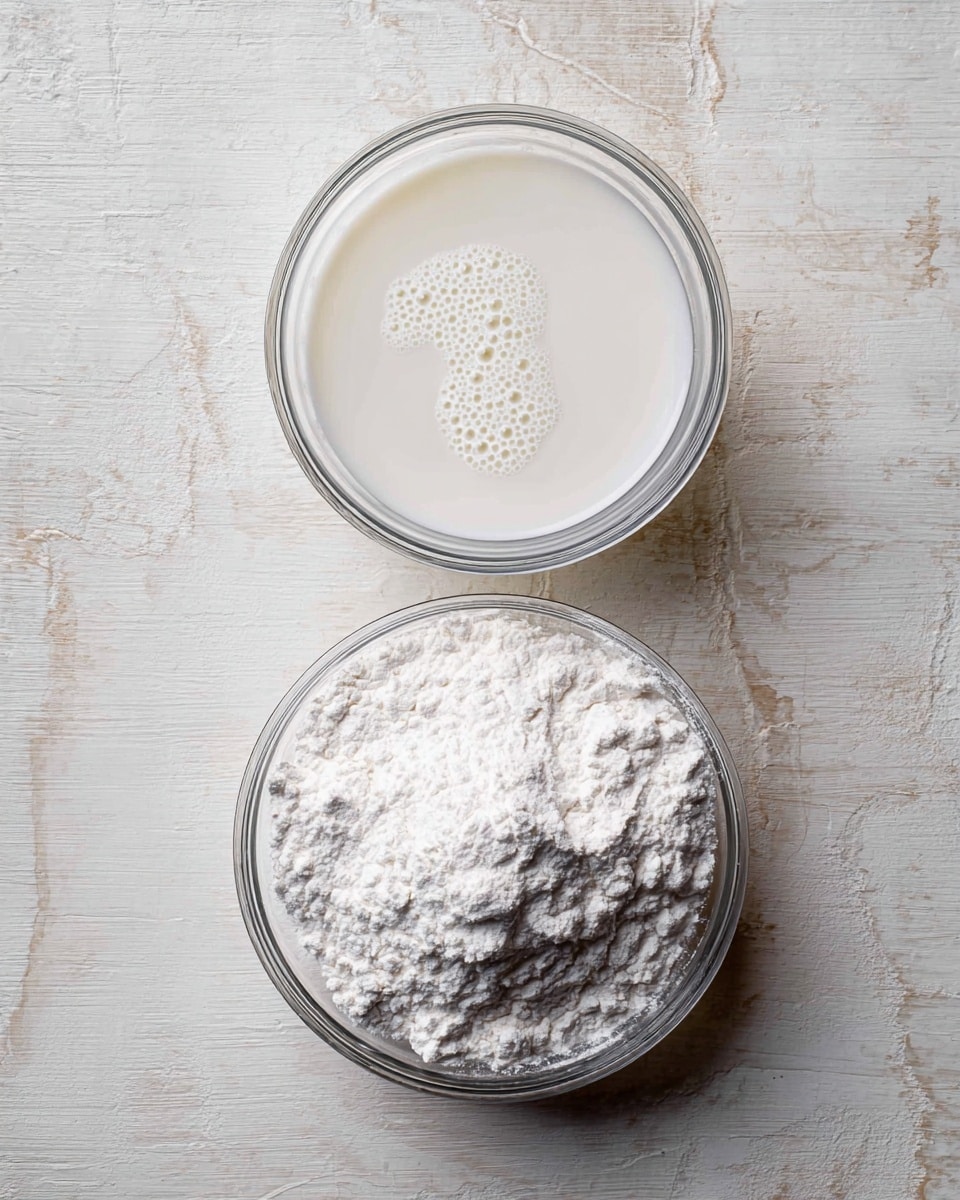 Two clear glass bowls placed on a white marbled surface. The top bowl holds white milk with small bubbles on the surface, showing a smooth texture. Below it, the larger bowl is filled with fine white powdered flour, with a soft, uneven surface texture. The lighting softly highlights the powders' details and the liquid's smoothness, creating a simple and clean look. Photo taken with an iphone --ar 4:5 --v 7