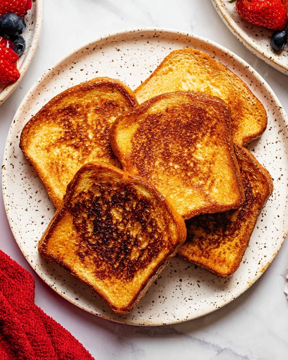 The image shows two pieces of golden brown French toast stacked slightly off center on a white plate with a thin brown rim. The top slice has a melted pat of butter with syrup dripping down the sides, adding a glossy shine. Around the toast are fresh berries, including red raspberries, sliced red strawberries with visible seeds, and deep blue blueberries. A fork with a wooden handle is placed on the left side of the plate, lifting a bite-sized piece of the toast. To the upper left corner, a white cup filled with black coffee is partially visible. The entire setting is placed on a white marbled surface with an orange cloth peeking in the bottom left corner photo taken with an iphone --ar 4:5 --v 7