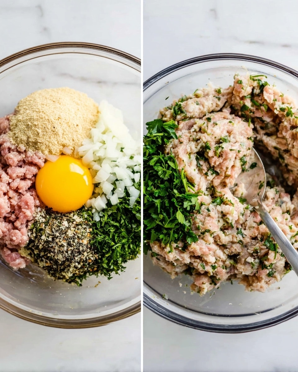 The image shows two clear glass bowls on a white marbled surface. The left bowl contains separated ingredients layered inside: at the bottom, there is ground meat in light pink color; to the upper left, an uncooked yellow egg yolk; at the top, a beige layer of breadcrumbs; to the upper right, small white chopped onions; in the middle, a mix of sprinkled green and black herbs; and finely chopped fresh green parsley on the bottom right. The right bowl displays the same ingredients after being mixed into a single textured light brown mixture speckled with green herbs, with a large spoon resting on the side inside the bowl. photo taken with an iphone --ar 4:5 --v 7