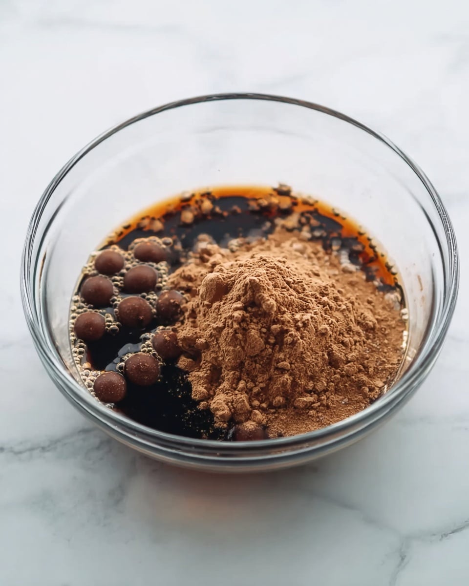 A clear glass bowl sits on a white marbled surface, filled with three visible layers; the bottom layer is a dark liquid with a shiny surface and small bubbles around the edge, the next layer is a cluster of small round chocolate-colored pieces floating on the liquid, and on top of these pieces is a mound of light brown cocoa powder with a soft, powdery texture. Photo taken with an iphone --ar 4:5 --v 7