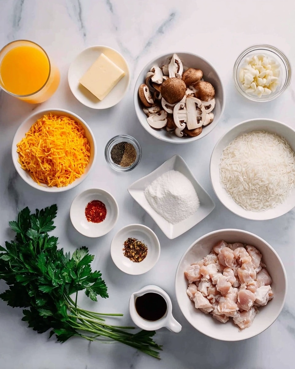 The image shows various cooking ingredients placed in small white bowls on a white marbled surface. From left to right, there is a glass of orange liquid, possibly juice, a bowl of grated orange cheese, a bowl with sliced brown mushrooms, a small bowl with minced garlic, a small bowl with white flour, a small bowl with mixed spices including red and black powders, a small plate with a small square of butter, a small pitcher with a dark liquid, likely soy sauce or oil, a bowl of chopped white onions, a bowl of raw chicken pieces, and a bowl of uncooked white rice. On the right side, there is a bunch of fresh green parsley laid on the surface. Photo taken with an iphone --ar 4:5 --v 7