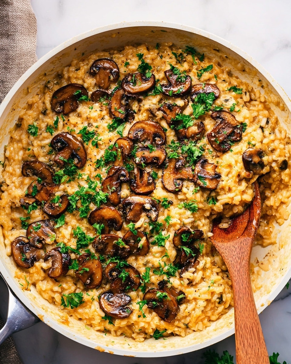 In a white pan filled with creamy orange risotto, there are many slices of cooked brown mushrooms spread evenly on top, adding texture and contrast. The risotto looks soft with visible grains of rice mixed well into the creamy sauce. Bright green chopped parsley is sprinkled across the whole dish, adding a fresh pop of color. A wooden spoon is partially dipped into the risotto on the right side of the pan, showing a smooth mix of rice and sauce. The pan sits on a white marbled surface, which adds a clean and bright background. photo taken with an iphone --ar 4:5 --v 7