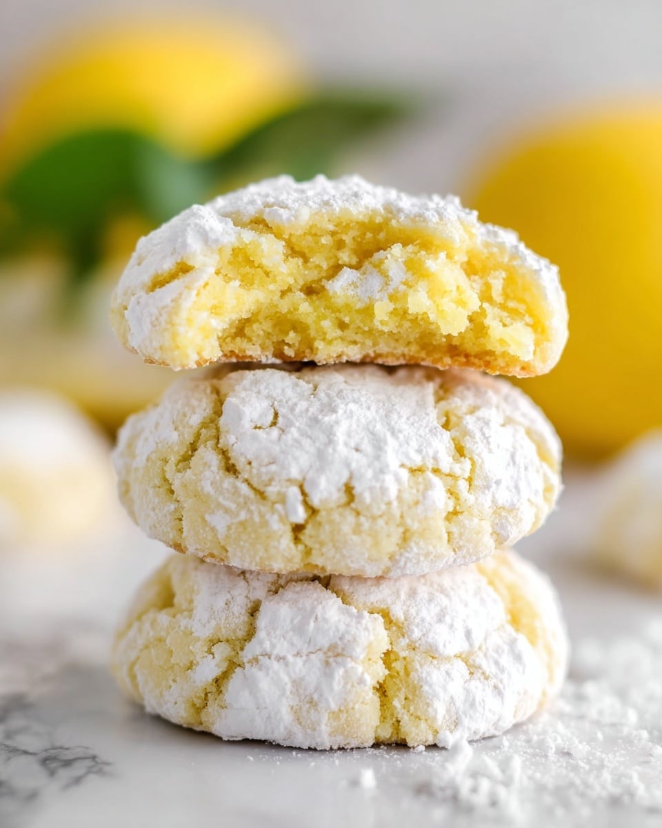 A stack of three yellow lemon cookies with a cracked surface, each covered in a layer of white powdered sugar that looks soft and slightly crumbly. The top cookie is broken in half, showing a moist and tender inside with a light yellow color that contrasts with the white powder outside. The cookies sit on a white marbled surface with some powdered sugar dust scattered around them. The background is blurred with soft green and yellow shapes, suggesting lemon and greenery. photo taken with an iphone --ar 4:5 --v 7