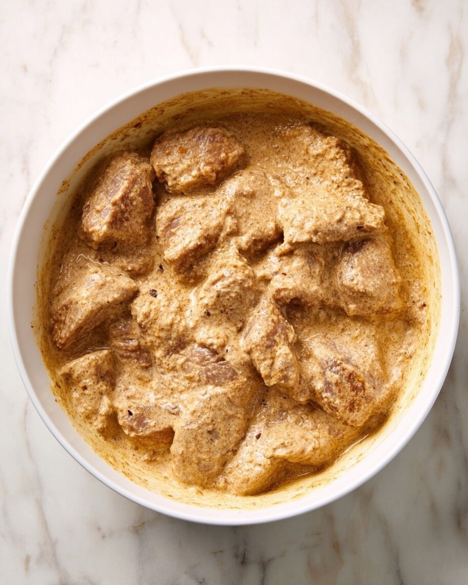 A white bowl filled with many pieces of raw meat covered in thick beige sauce with darker brown spices mixed in. The sauce coats each piece fully, showing a textured, creamy surface with some areas where the meat edges are more visible. The bowl is placed on a white marbled surface, and the sauce clings slightly to the sides inside the bowl. photo taken with an iphone --ar 4:5 --v 7