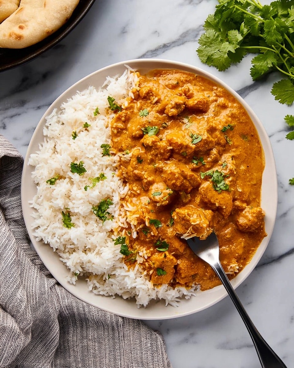 A white plate filled with one layer of fluffy white rice on the left side, topped by a thick layer of golden brown curry with small chunks of meat covering the right side of the rice, garnished with small green cilantro leaves scattered on the curry. A silver fork is placed on the bottom right corner, partly lifting some curry and rice. The plate rests on a white marbled surface with a folded gray and white striped cloth nearby and some fresh cilantro leaves in the top right corner. Photo taken with an iphone --ar 4:5 --v 7