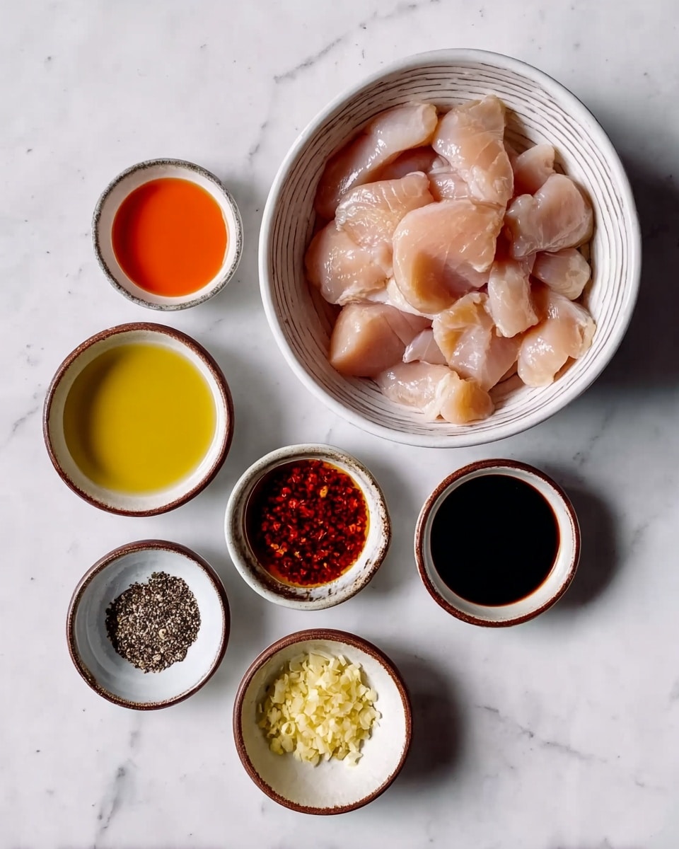 The image shows a set of seven small white bowls and a white bowl with brown rim on a white marbled surface. The large bowl in the center is filled with raw chicken pieces, pale pink in color and slightly shiny. Around it are six smaller bowls arranged in two rows. The top row has a bowl with bright orange liquid, a bowl with dark reddish-brown soy sauce, and a bowl with red chili flakes. The bottom row has a bowl of light yellow oil, a bowl with a mix of black pepper and white salt, and a bowl with finely minced pale yellow garlic. The colors and textures create a clean and fresh look. photo taken with an iphone --ar 4:5 --v 7