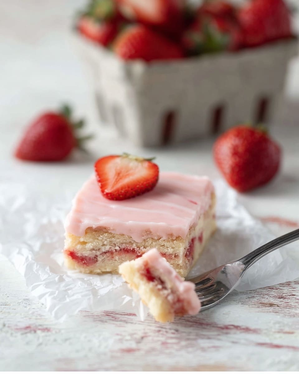 The image shows a square piece of dessert on a crinkled piece of white paper, placed on a white marbled wooden surface. The dessert has three visible layers: the bottom layer is light tan with bits of red strawberry showing through, the middle layer is dense and creamy, and the top layer is smooth, pale pink icing. A small piece is cut and being held by a silver fork near the lower right corner. In the background, slightly out of focus, is a small carton filled with bright red strawberries and a half strawberry resting on the surface. Photo taken with an iphone --ar 4:5 --v 7