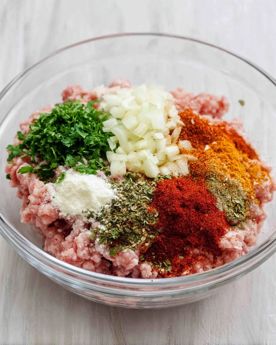 A clear glass bowl holds several layers of ingredients on a white marbled surface. The bottom layer consists of light pink ground meat. On top of the meat, there are several small separate piles of different colors and textures: bright green chopped herbs on the left, finely chopped white onions near the top center, white minced garlic in the middle, and a collection of vibrant spices in shades of red, orange, and brown spread across the right side. The spices include a deep red paprika powder and other warm-toned seasonings, some with a fine grainy texture and others more powdery photo taken with an iphone --ar 4:5 --v 7