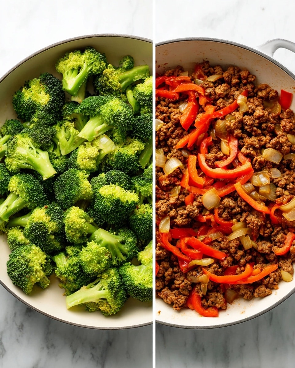 The first image shows a white round pan filled with bright green broccoli florets spread out evenly, each piece showing smooth stalks and textured leafy tops. The second image shows a white round pan with cooked ground meat mixed with small white onion pieces and several long orange bell pepper strips, all evenly scattered and cooked together. Both pans sit on a white marbled surface. photo taken with an iphone --ar 4:5 --v 7