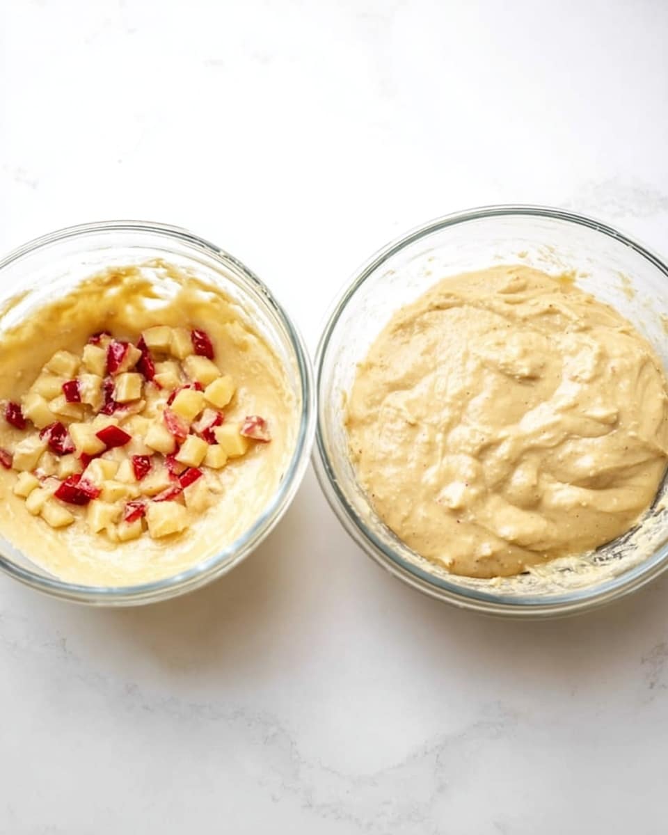 The image shows two clear glass bowls on a white marbled surface. The bowl on the left contains smooth, creamy, yellowish batter on one side and small diced red and yellow fruit pieces on the other side, separated but ready to be mixed. The bowl on the right contains the same batter, fully mixed into a smooth, thick, and consistent texture that looks creamy and soft with no visible fruit pieces. Both bowls are round and transparent, showing the contents clearly inside. Photo taken with an iphone --ar 4:5 --v 7