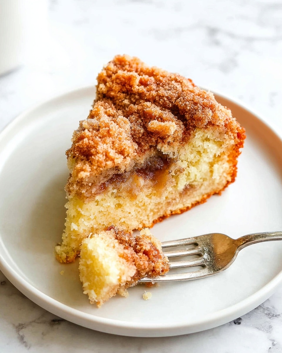 A single slice of crumb cake is on a white round plate with a silver fork resting beside it, holding a piece of the cake. The cake has two visible layers: the bottom layer is light yellow and soft, showing a moist texture with some darker spots inside suggesting fruit or cinnamon, while the top layer is golden brown with a crumbly texture mixed with a cinnamon-sugar topping. The background is a white marbled surface. Photo taken with an iphone --ar 4:5 --v 7