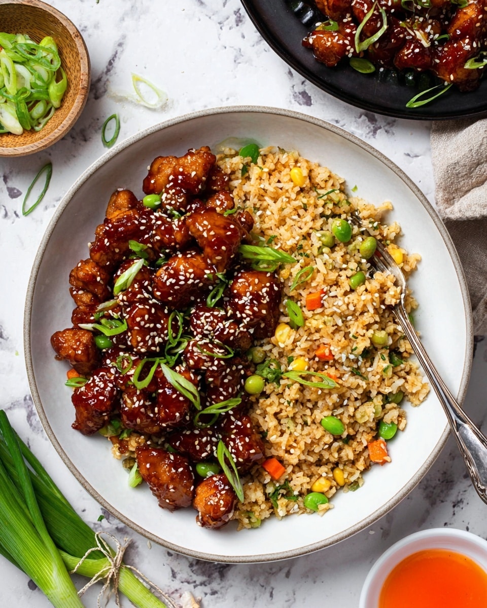 A white plate with two layers: the bottom layer is golden brown fried rice mixed with small bits of yellow egg, green edamame, tiny orange carrot pieces, and red chili slices, scattered evenly around. The top layer is glossy, dark brown pieces of sticky sauce-covered chicken, sprinkled with white sesame seeds and garnished with thin, fresh green onion slices placed on top and around the chicken. To the right, a silver fork rests on the plate edge, and the surrounding white marbled surface holds a small wooden bowl of sliced green onions, a black plate with more sesame seeds, and a small white bowl of bright orange dipping sauce. photo taken with an iphone --ar 4:5 --v 7