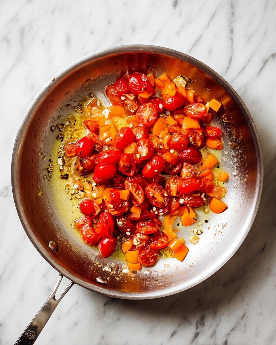 A stainless steel pan sits on a white marbled surface, filled halfway with sautéed vegetables. The dish shows two main layers: on the bottom, a light coating of oil with small bits of garlic scattered across it, and on top, a colorful mixture of halved red cherry tomatoes, some soft and shiny with slight wrinkling, and bright orange diced bell peppers. The vegetables are spread unevenly in the pan, mostly to the left and upper side, with some oil pooling around them. Photo taken with an iphone --ar 4:5 --v 7