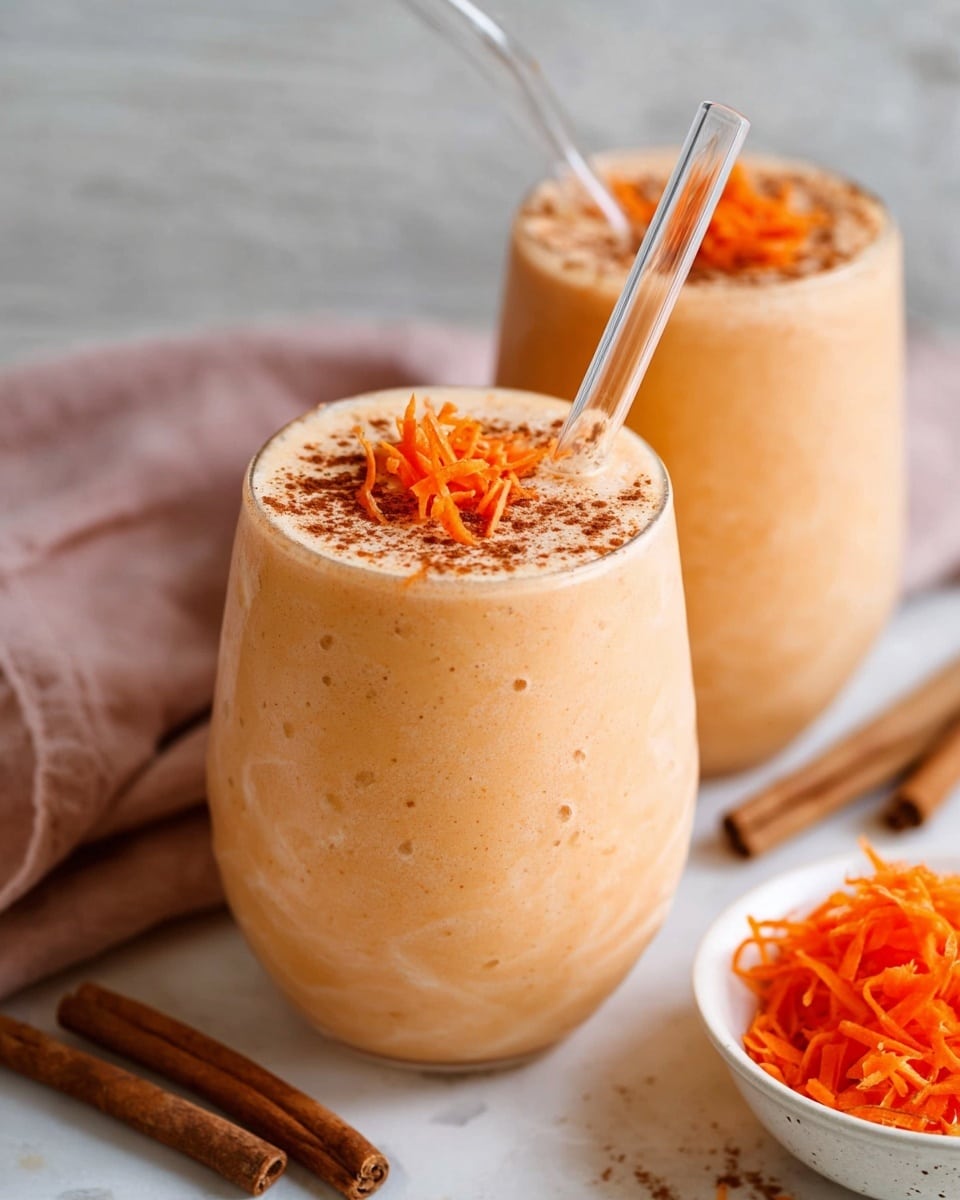 The image shows two glasses of light orange smoothie with a thick creamy texture, slightly frothy on top. Each glass is filled to the brim and topped with small orange carrot shreds and a sprinkle of brown cinnamon powder. Each glass has a clear bent straw placed inside. The glasses are placed on a white marbled surface with two brown cinnamon sticks lying beside them and a small white bowl filled with bright orange shredded carrots nearby. The overall setting has warm and soft lighting, highlighting the smoothie's creamy texture and the bright carrot pieces. Photo taken with an iphone --ar 4:5 --v 7