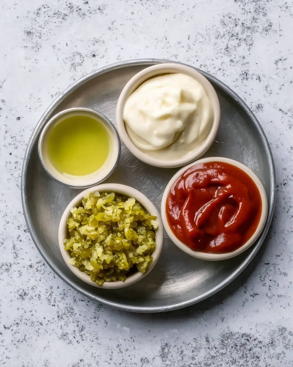 A round gray metal tray holds four small white bowls arranged in a roughly square pattern: the top left bowl contains a small amount of light green oil, the top right bowl is filled with a smooth, thick white sauce, the bottom left bowl holds a generous amount of finely chopped green pickles with a rough texture, and the bottom right bowl is filled with a glossy, thick red sauce. The tray is placed on a white marbled surface. photo taken with an iphone --ar 4:5 --v 7