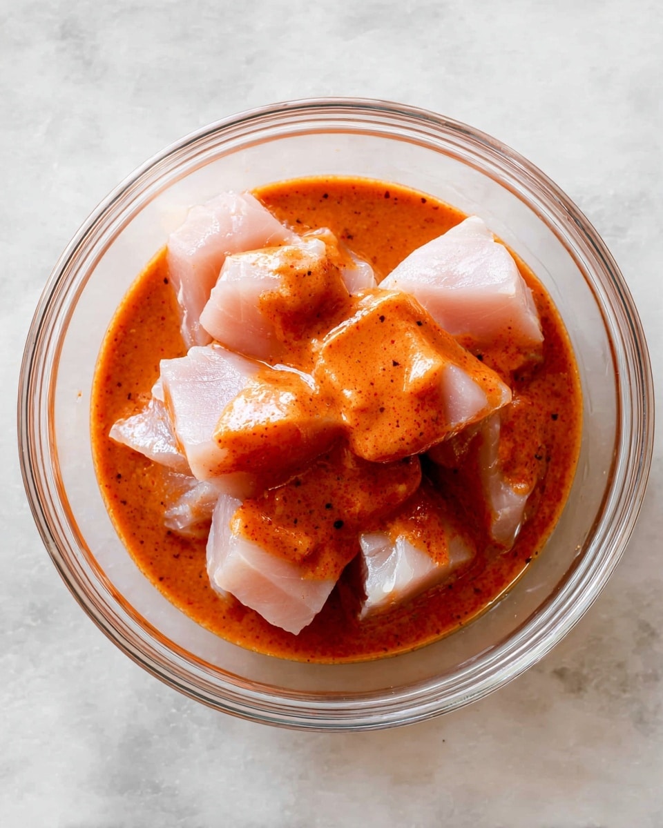 A clear glass bowl holds several pieces of raw, light pink fish cut into chunks, partially covered with a thick, reddish-orange sauce that has a smooth texture with tiny black specks. The bowl is placed on a white marbled surface. The colors contrast between the pale fish and the rich sauce, creating a fresh and vibrant look. Photo taken with an iphone --ar 4:5 --v 7