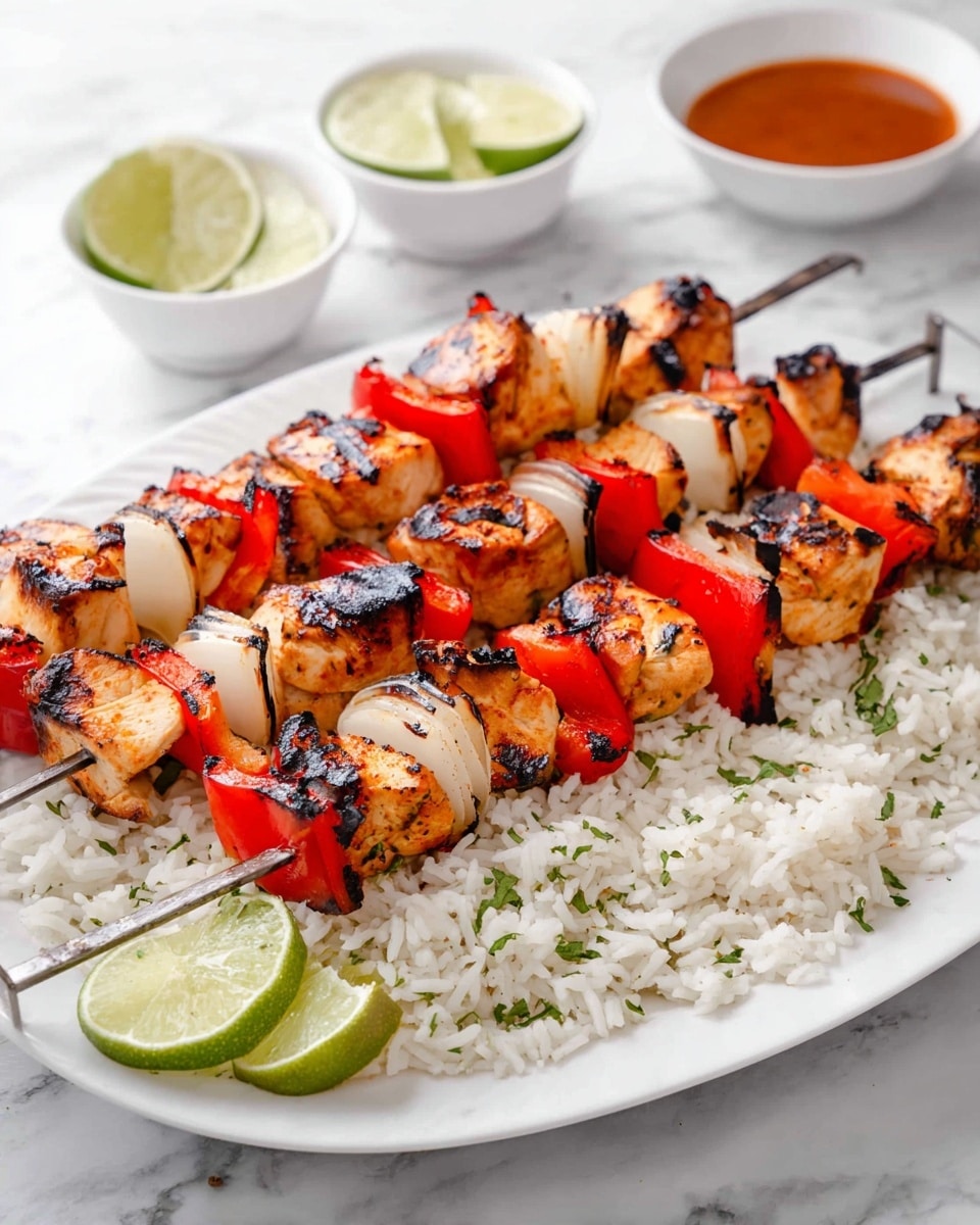The image shows three metal skewers with grilled chicken pieces, red bell peppers, and white onion chunks, each piece slightly charred and spaced evenly. The skewers are placed on a white plate filled with a bed of white rice mixed with small green herbs. On the right side of the plate, two lime wedges rest atop the rice. In the background, there is a white bowl with a reddish-brown dipping sauce and another white bowl with a couple of lime slices. All items sit on a white marbled textured surface. Photo taken with an iphone --ar 4:5 --v 7