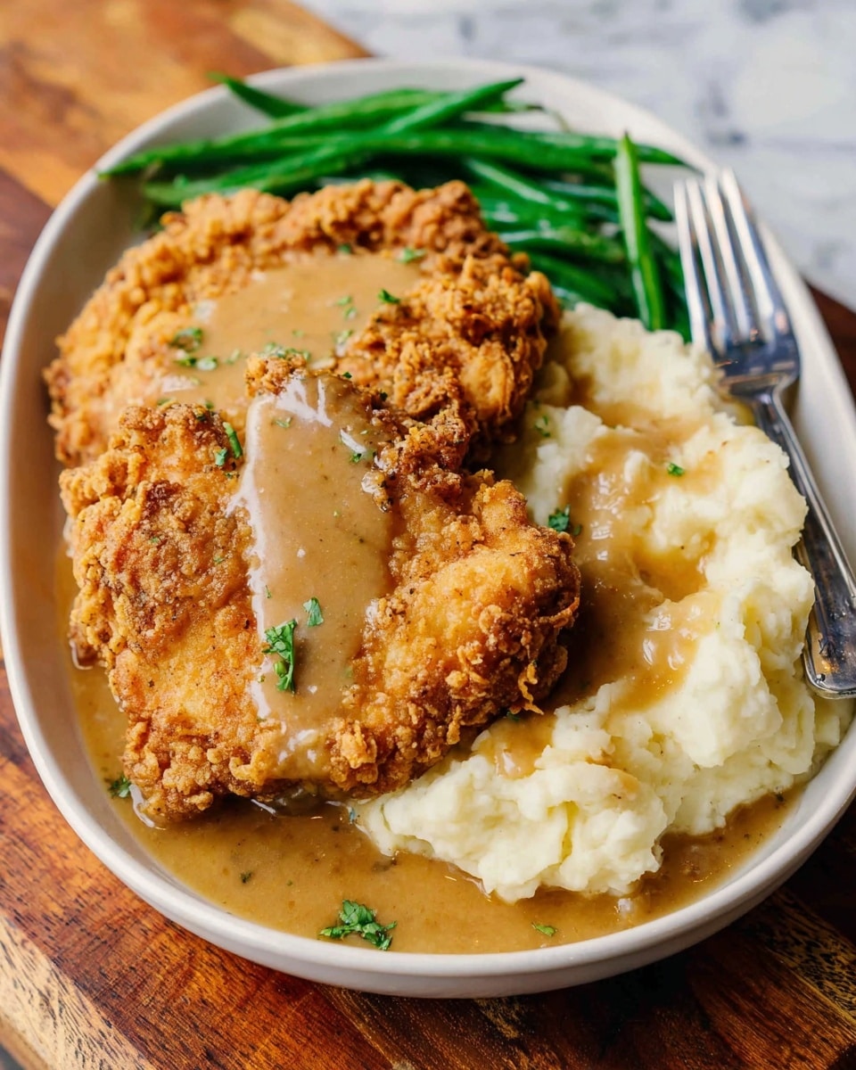 The dish shows a white oval plate on a wooden surface with a white marbled texture background, featuring two large crispy fried chicken pieces in the center, golden brown with a rough crunchy texture. A smooth, light brown gravy is poured over the chicken, running down onto a mound of creamy mashed potatoes on the right side, which are soft and slightly fluffy with small chunks. To the left side of the plate, there is a small bundle of bright green cooked green beans, smooth and slightly shiny. A fork rests on the mashed potatoes at the top right corner of the plate. Photo taken with an iphone --ar 4:5 --v 7