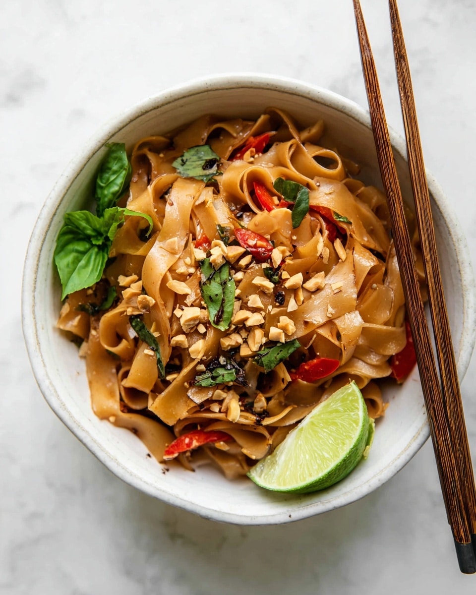 A white bowl filled with wide, flat brown noodles that are slightly glossy, layered in a twisted, loose pile. Mixed in are small pieces of red pepper and green basil leaves, along with crushed light tan nuts sprinkled on top. A bright green lime wedge sits inside the bowl on the side. Resting on the bowl’s rim are brown wooden chopsticks. The background is a white marbled surface photo taken with an iphone --ar 4:5 --v 7