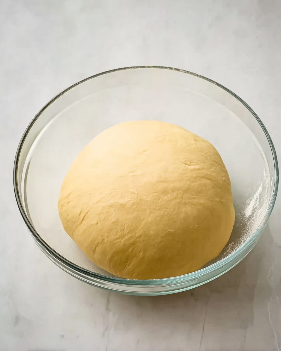 A clear glass bowl sits on a white marbled surface, holding a smooth, round dough ball. The dough has a pale yellow color, soft texture, and rests evenly inside the bowl, slightly touching the sides. The scene is simple, focusing on the dough's smooth surface and round shape. photo taken with an iphone --ar 4:5 --v 7