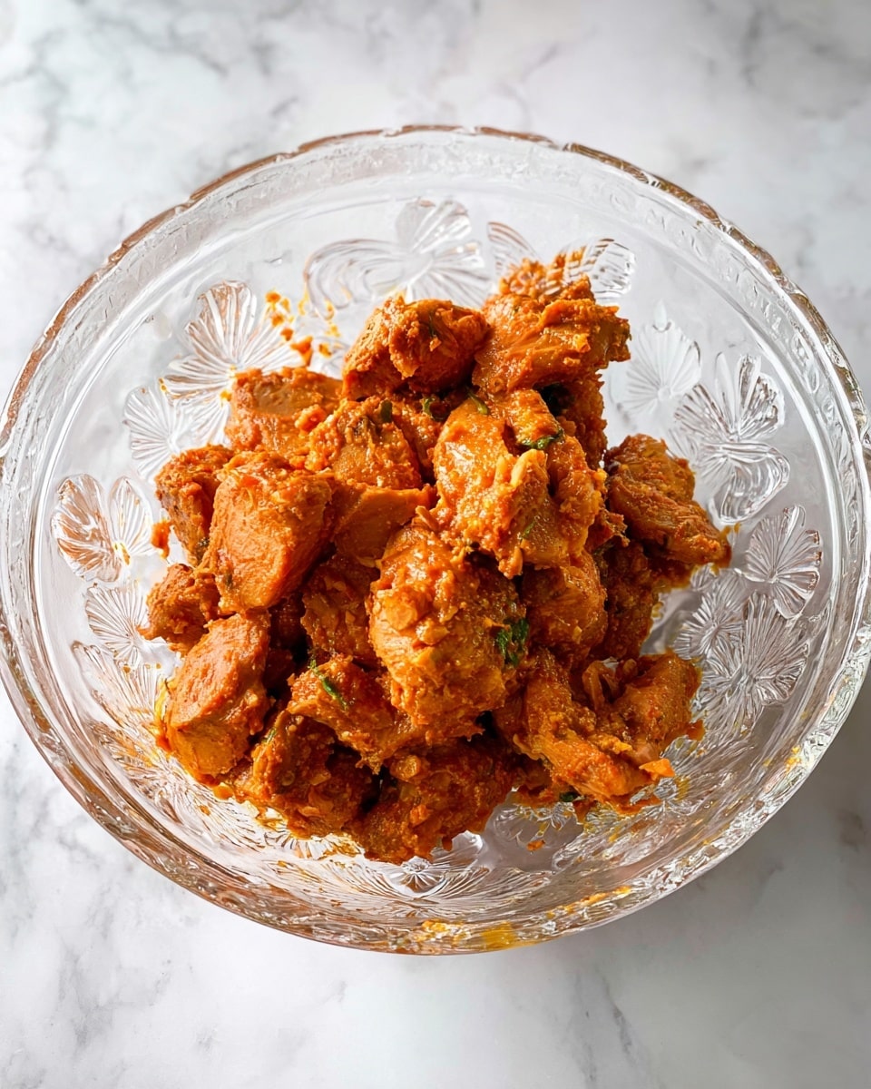 A clear glass bowl with decorative raised floral patterns holds a pile of marinated chicken pieces. The chicken is coated in a rich orange-red spice mix, giving it a textured and slightly clumpy look. The bowl sits on a white marbled surface, and the chicken pieces fill the middle of the bowl, showing various shapes and sizes with some small bits of herbs mixed in. Photo taken with an iphone --ar 4:5 --v 7