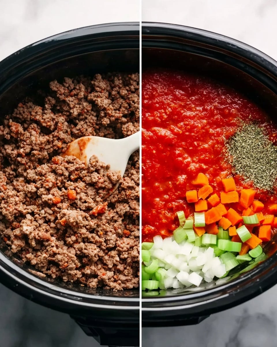 The image is split into two parts; on the left side, a close-up view of cooked ground meat filling a black pan with a white spatula stirring it, showing a crumbly brown texture with no added ingredients. On the right side, several separate cooking ingredients sit inside a black slow cooker on a white marbled surface; the ingredients include thick red tomato sauce taking up nearly half the pot, small diced bright orange carrot pieces, chopped pale green celery, raw diced white onion, a sprinkle of dried green herbs, and some browned ground meat placed along one side. Photo taken with an iphone --ar 4:5 --v 7