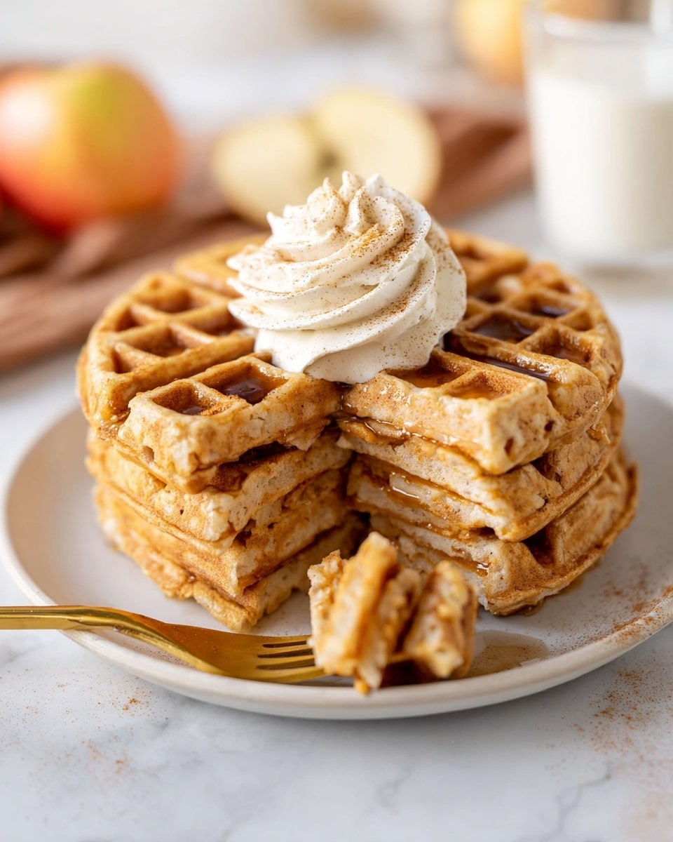 A stack of three thick waffles sits on a white plate over a white marbled surface. The waffles are golden brown with a soft, slightly textured inside. On top of the stack is a swirl of whipped cream with a light dusting of cinnamon or spice. In front of the stack, a gold fork holds three waffle pieces close to the plate. The background is softly blurred, and a glass of milk and a half apple are faintly visible. Photo taken with an iphone --ar 4:5 --v 7
