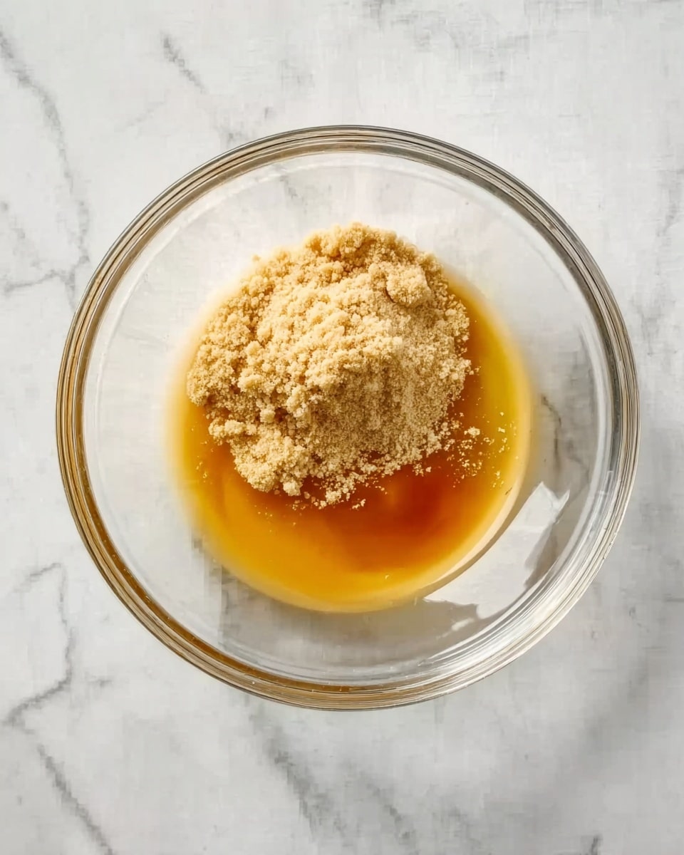 A clear glass bowl sits on a white marbled surface, containing two layers of ingredients: a thick golden liquid at the bottom, and a mound of light brown crumbly powder piled to one side on top. The textures contrast with the smoothness of the liquid and the grainy look of the powder. Photo taken with an iphone --ar 4:5 --v 7