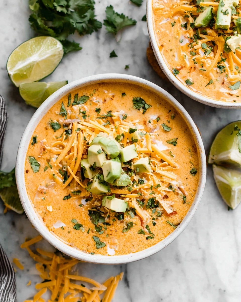 The image shows two bowls filled with creamy orange soup with bits of white and yellow inside. On top of the soup, there are several layers: shredded light yellow cheese, small green avocado cubes, and chopped green herbs sprinkled all over. The bowls are round and white, placed on a white marbled surface with some lime halves and extra shredded cheese scattered around. The soup looks thick and textured with a mix of smooth and chunky parts. photo taken with an iphone --ar 4:5 --v 7