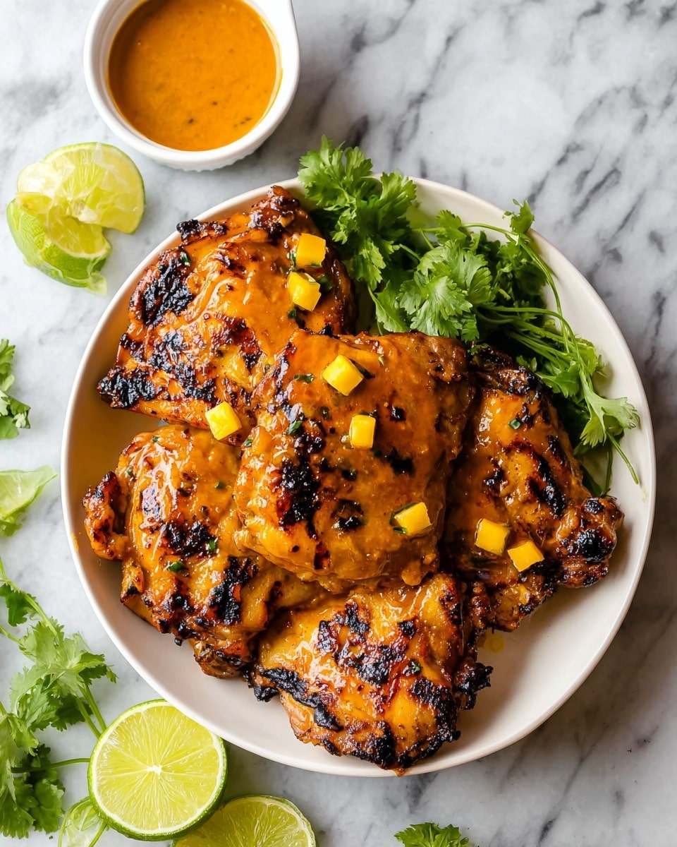 A white bowl contains five pieces of grilled chicken thighs covered in a shiny orange sauce with some charred black grill marks. Scattered small yellow cubes sit on top of the chicken. On the right edge of the bowl, fresh green cilantro leaves add color, while in the bowl's bottom left sits a lime wedge with light green skin and inner flesh. Around the bowl on the white marbled surface, there are more lime wedges and sprigs of cilantro. Above the bowl, a small white ramekin holds an orange sauce. Photo taken with an iphone --ar 4:5 --v 7
