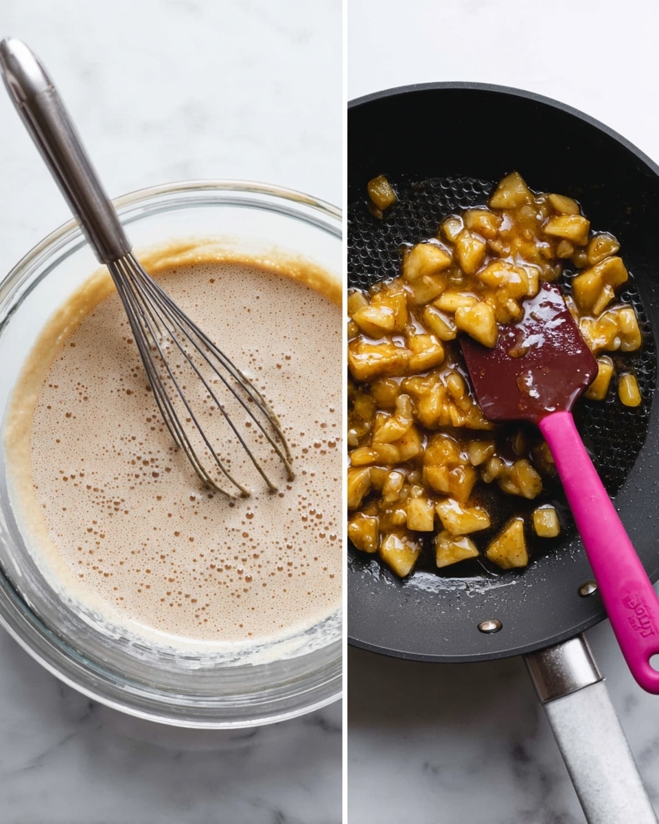 The image shows two steps of a cooking process side by side. On the left, there is a clear glass bowl with a beige batter mixture inside, which has tiny bubbles on the surface, and a metal whisk resting in the batter. On the right, there is a black pan with small yellowish-brown diced pieces cooking and coated with a shiny glaze, stirred by a dark pink spatula. Both items are placed on a white marbled surface. photo taken with an iphone --ar 4:5 --v 7
