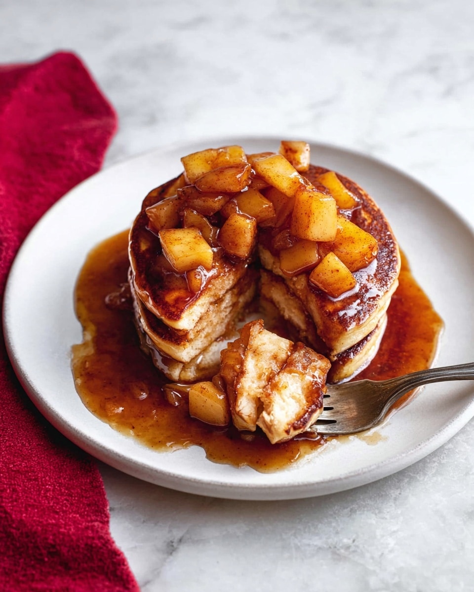 A stack of three thick, golden-brown pancakes sits in the center of a white plate, topped with a layer of cubed, cooked apples coated in a shiny, dark caramel-like syrup that pools around the base of the pancakes. The pancakes are fluffy with a slightly crisp edge, and a fork is lifting a bite-size piece from the side of the stack, showing the soft inside of the pancake and some apple pieces. The table beneath the plate has a white marbled texture, and a red cloth napkin is partially visible on the left side. Photo taken with an iphone --ar 4:5 --v 7